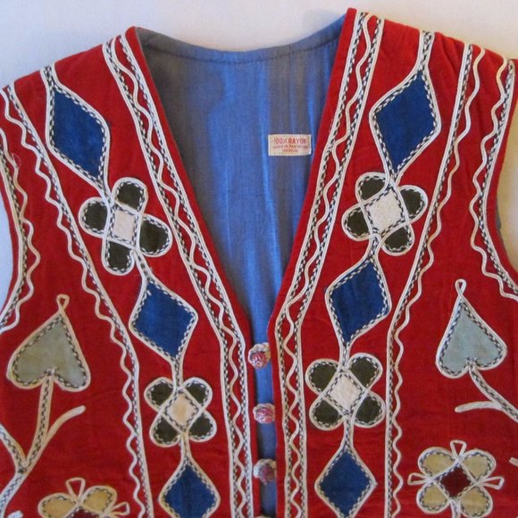 Hand Crafted In Pakistan Vintage Embroidered Geometric Patchwork Red Velvet Vest
